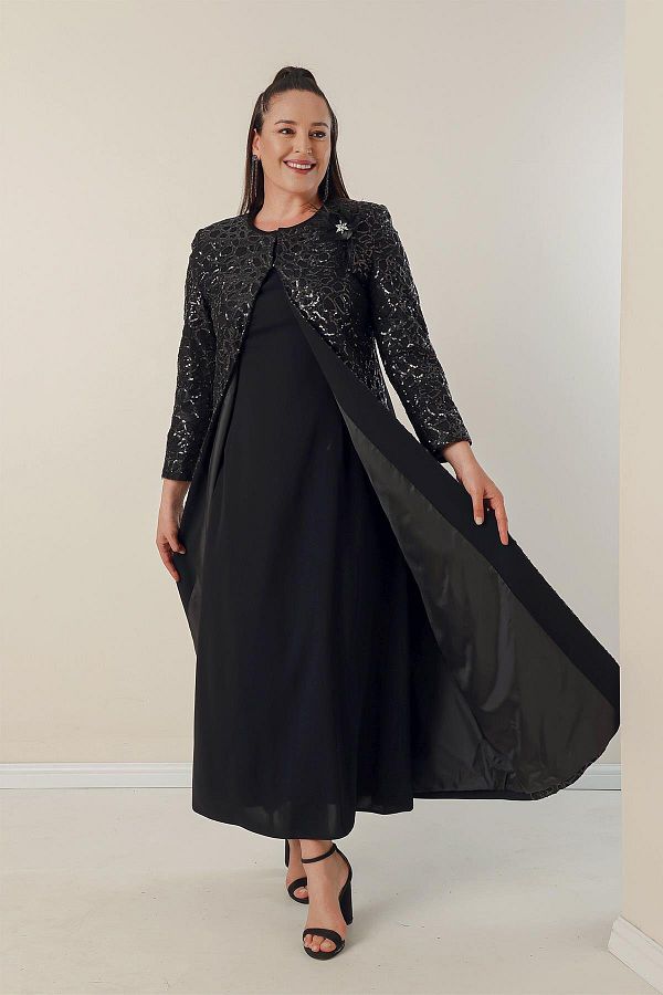 By Saygı-Half Moon Sleeve Long Crepe Dress with Sequined Kaftan Lining on the Sleeves and Front Plus Size 2-Piece Set 1