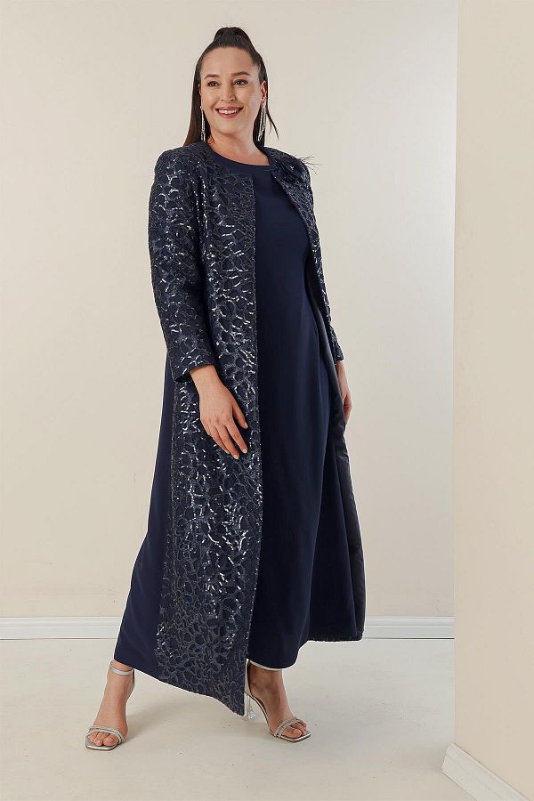 By Saygı-Half Moon Sleeve Long Crepe Dress with Sequined Kaftan Lining on the Sleeves and Front Plus Size 2-Piece Set 1