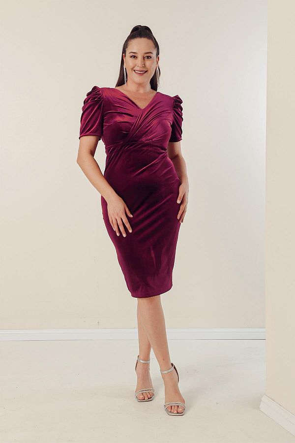 By Sayg Front Back V Neck Draped Short Pleated Sleeve Plus Size Velvet Short Dress Trendyol