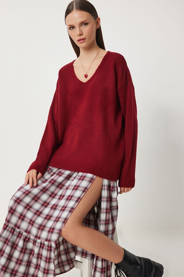 Lovelyİstanbul-Lza0012 Model Red V-Neck Sweater 1