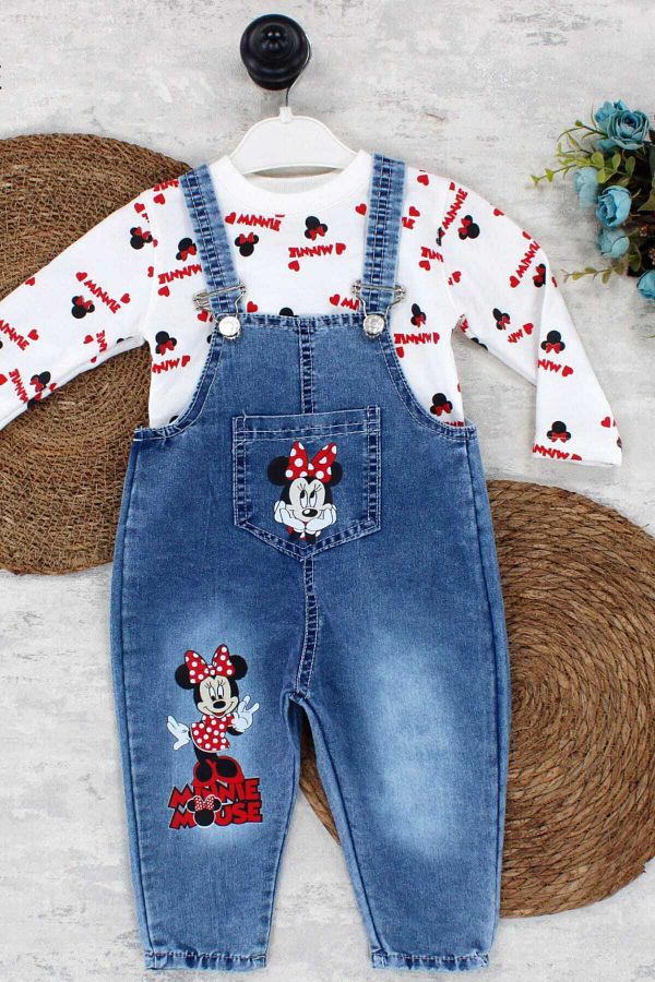 dinamik cocuk 1 4 Years Girl s Minnie Mouse Patterned Adjustable Strap Denim Overalls Trendyol