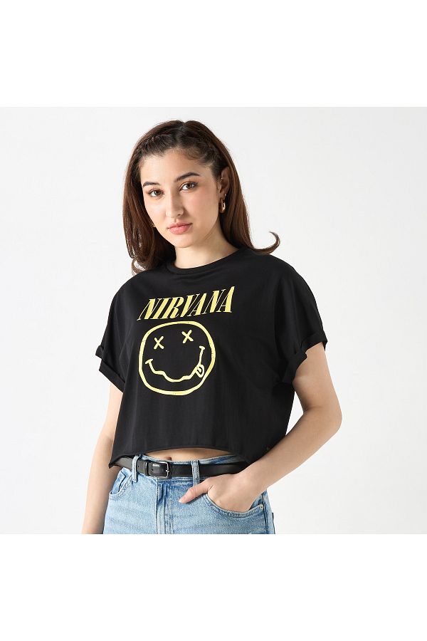 SP Characters-Nirvana Print Crop Top with Extended Sleeves 1