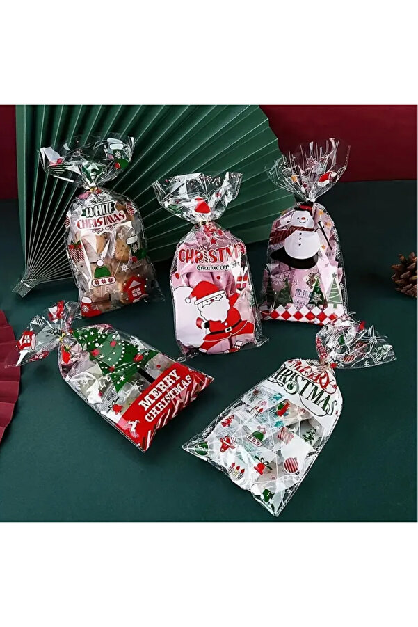 ÇET PACK 10 ADET YILBAŞI DESENLİ BİSKÜVİ ŞEKER POŞETİ HEDİYE ÇANTALARI DOĞUM GÜNÜ PARTİ SÜSLERİ 28X13