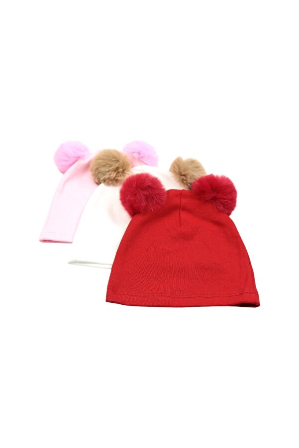 LOGO AKSESUAR Kız Bebek Ponponlu 3'lü Pamuklu Bere