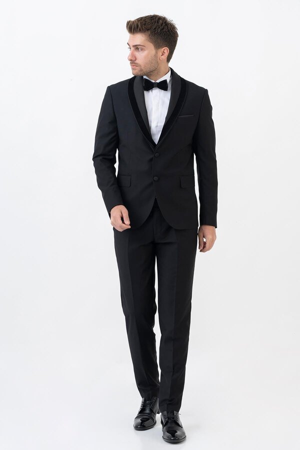 White Stone Mexican D112 Shawl Collar Slim Fit Groom Suit Black