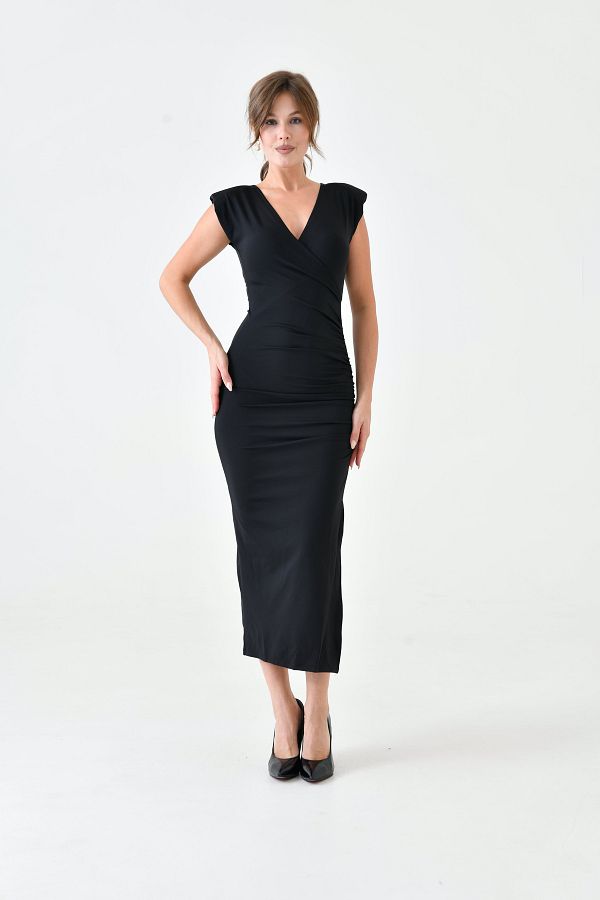 vuvutasarım-Rochie midi căptușită pe umeri, cu fante din material elastic, neagră, pentru femei 5031 1