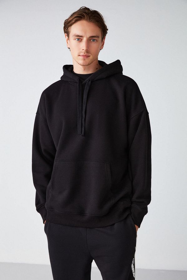GRIMELANGE-Steve Men's Soft Light Fabric Corded Oversize Hooded Black Sweatshirt with Kangaroo Pocket 1