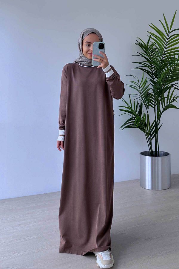 Ka Hijab-Brown Mercerized Hijab Dress - Collar Stripe 1