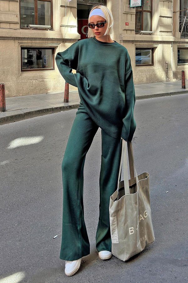 Swist-Green Oversize Sweater and Trousers Set - Crew Neck Knitted Women's Set 1