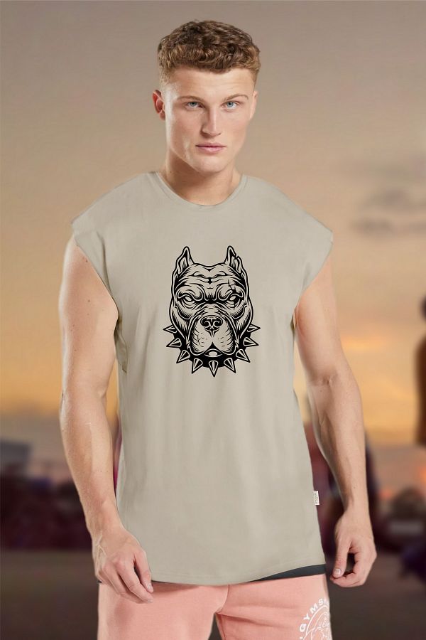 BESSA-Men's Pitbul Printed Stone Oversize Crew Neck Cotton Sleeveless T-Shirt/Atlet 1