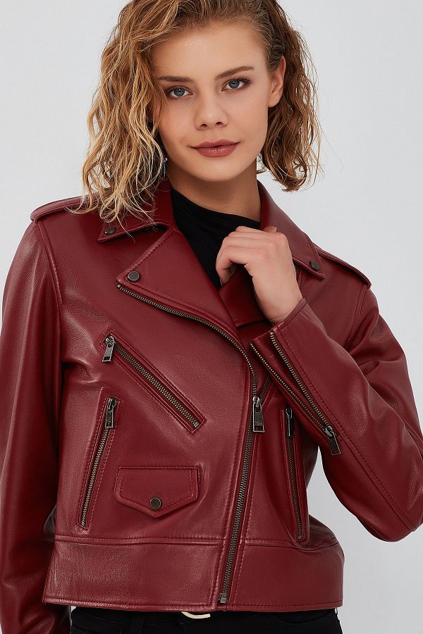 Derimod Claret Red Biker Women s Jacket New Look 23wgd5086u6 Trendyol