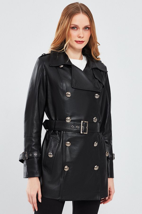 Leather double breasted trench coat on sale