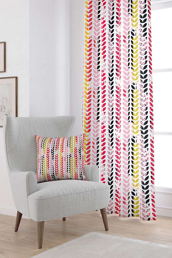 Cango Home-Red White Leaf Patterned Digital Printed Curtain Cgh127-pr 1