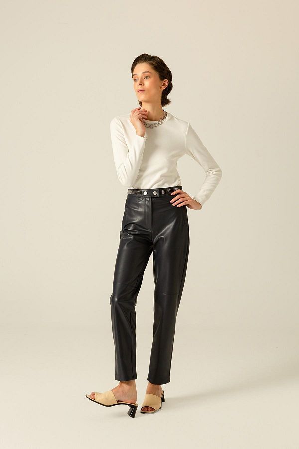 Rue Navy Blue Faux Leather Trousers with Metal Accessories Trendyol