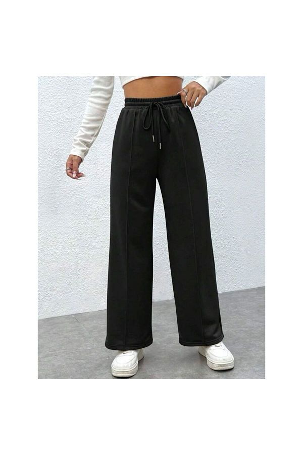 kallima-Black Front Stitched Fleece Inside Winter Thick High Waist Wide Leg Comfortable Fit Sweatpants 1