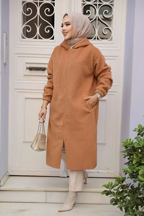 Neva Style-Belted Camel Cashmere Hijab Coat 72151C 1