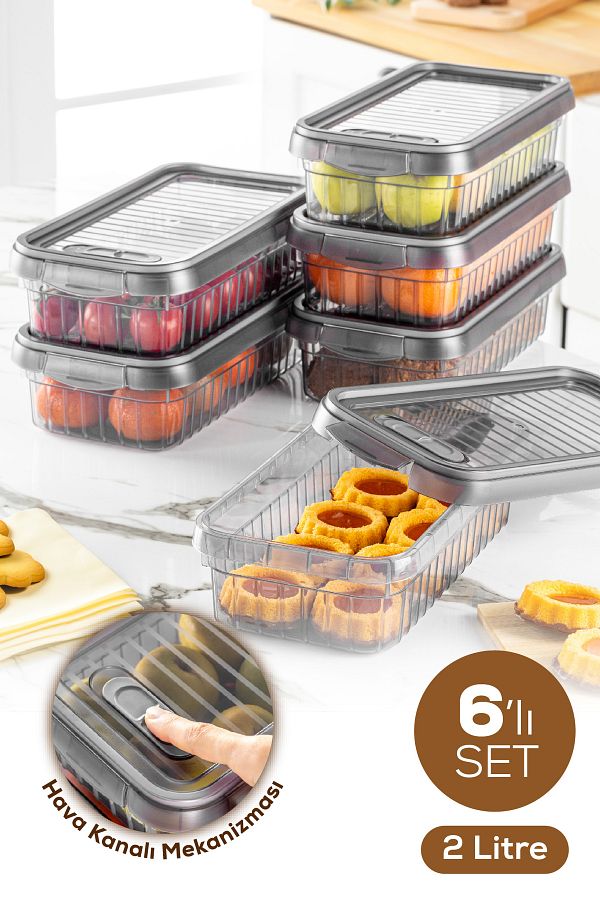 Vienev-Set of 6 Self-Striped Storage Containers with Lockable Lids 2 Liters 1
