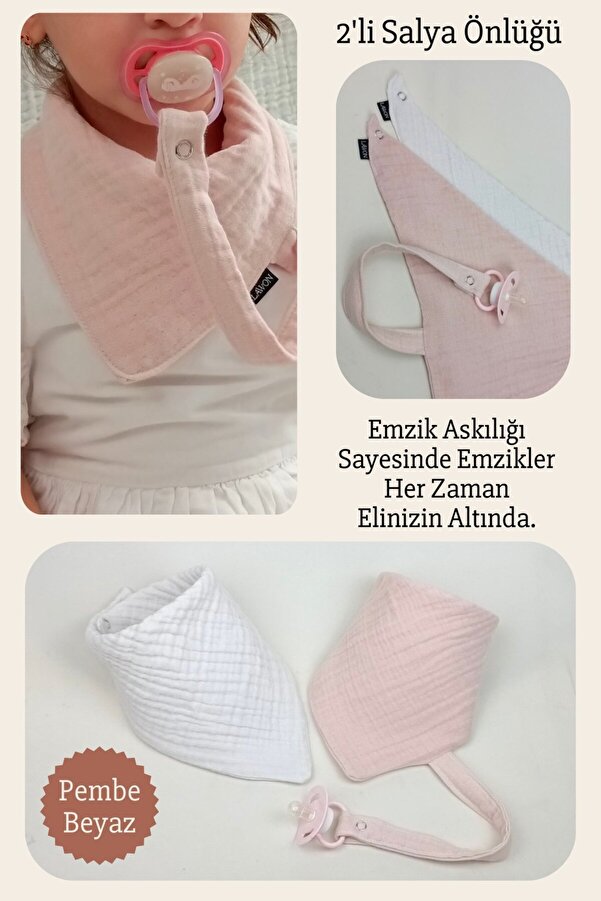Lawon 2'li %100 Pamuk 8 Katlı Müslin Emzik Askılıklı Kız Erkek Bebek Salya Ve Mama Önlüğü *Pembe*Beyaz