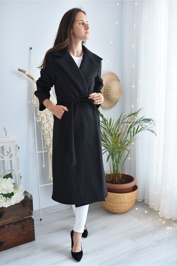 PERÇEM-Schwarzer Mantel mit Gürtel für Damen 1