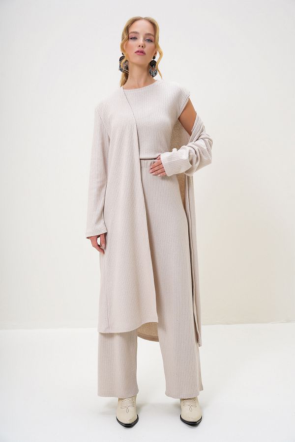 Trend Alaçatı Stili-Women's Stone Shoulder Padded Crew Neck Blouse Trousers and Cardigan Set Suit Alc-X4710-Rv 1