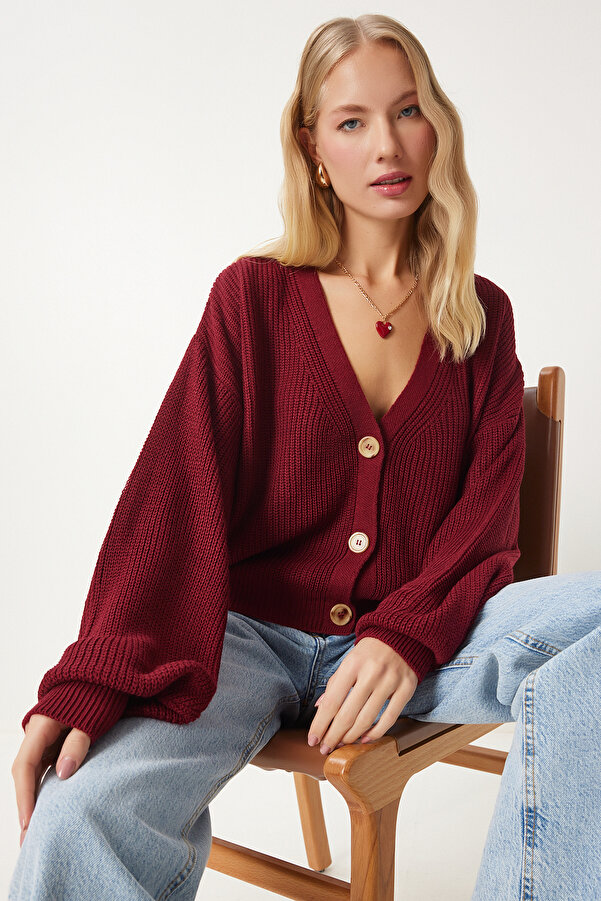Happiness İstanbul Women's Burgundy V-Neck Button Knit Cardigan