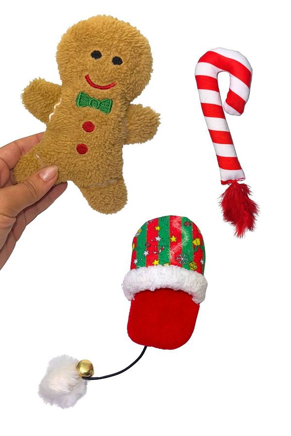 Miyav-Set of 3 Cat Toys: Rustling Cookies, Pompom Slippers and Rattles Candy Cane 1