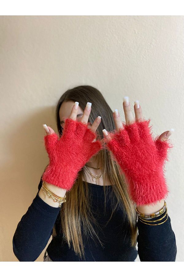 sema aksesuar-Red Bearded Yarn Mohair Fingers Cut Out Gloves - Fingerless Gloves - Gift New Year New Year 1