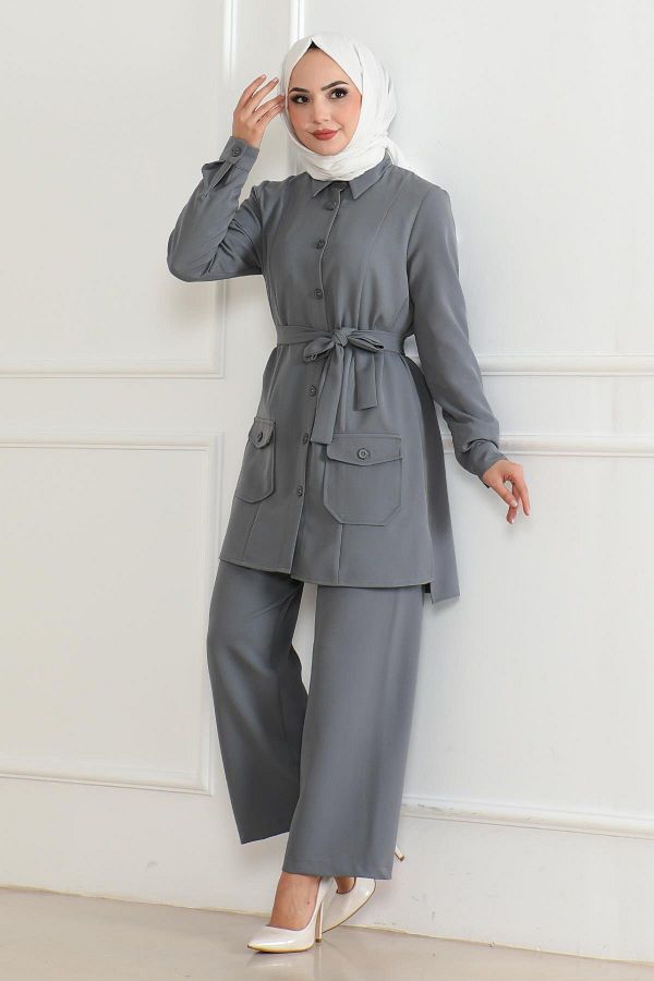 Modamihram-Gray Suit 19223 - Button Detailed 1