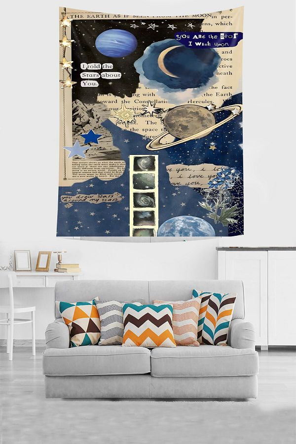 on the clouds-Astronomy Themed - Moon Planet Patterned Stain Resistant Wall Tapestry 1