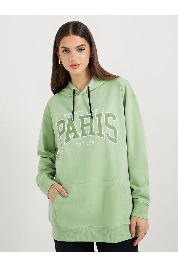 Styli-Regular Fit Longline Embroidered Slogan Hoodie 1