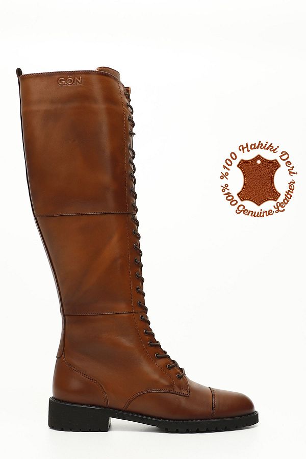 GÖNDERİ(R)-Women/Girls Tan Antique Zippered Rubber Sole Genuine Leather Boots 1