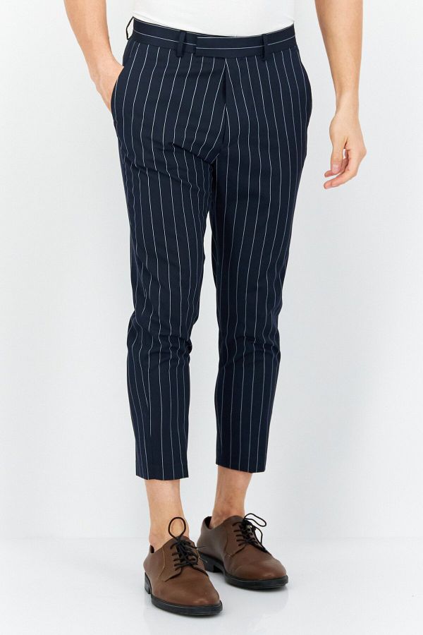 Asos Design-Men Tapered Fit Pinstripe Chino Pants, Navy Blue 1