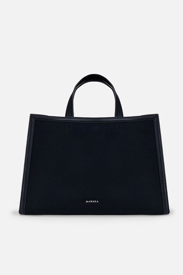 Manuka-Schwarze Canvas-Shopper-Tasche – Leder-Detail 1