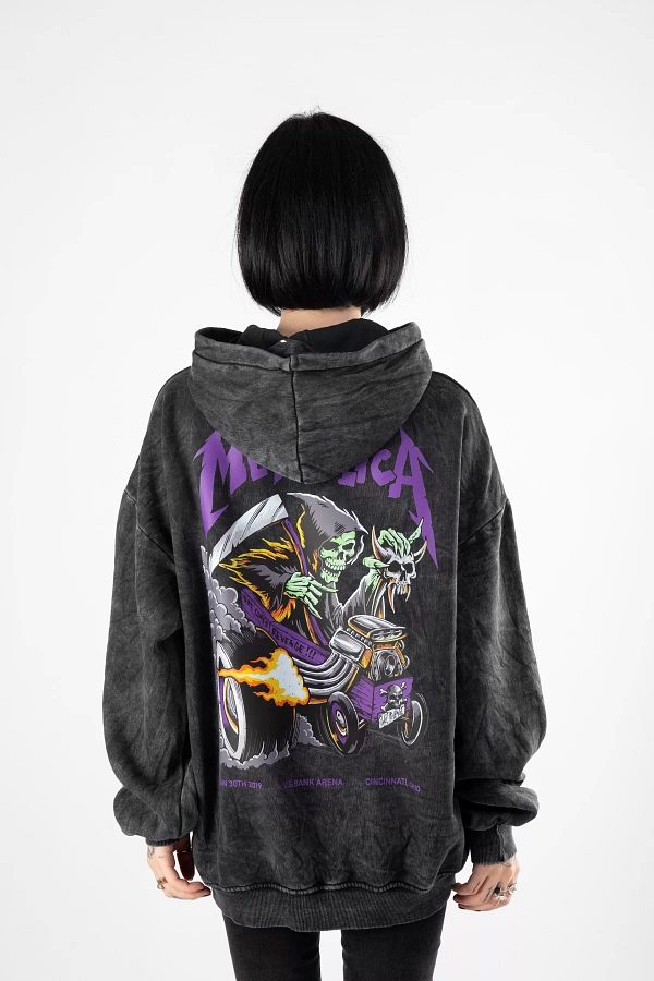 Sekizbiralt Washed Black Metallica Purple Back Printed Oversize Hooded Sweatshirt Trendyol