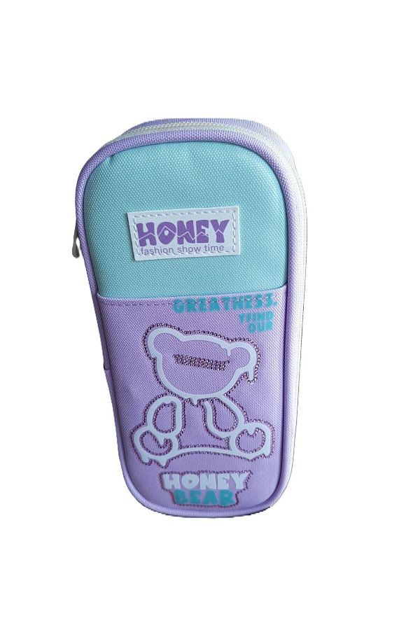 SYG-Sequin Bear Patterned Imported 1 Compartment Pencil Case - Purple Turquoise Syg12 1