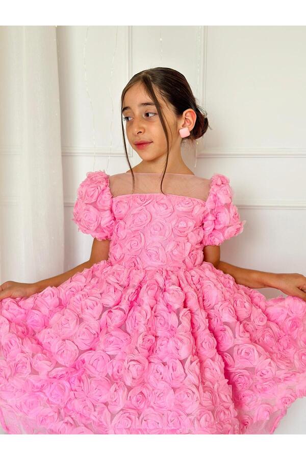 Hly Karol Tasarım Pembe Güllü Diana Vintage Kız Bebek Elbise,Doğum günü elbise,fotoğraf çekim elbise,0-12 Yaş Uygun