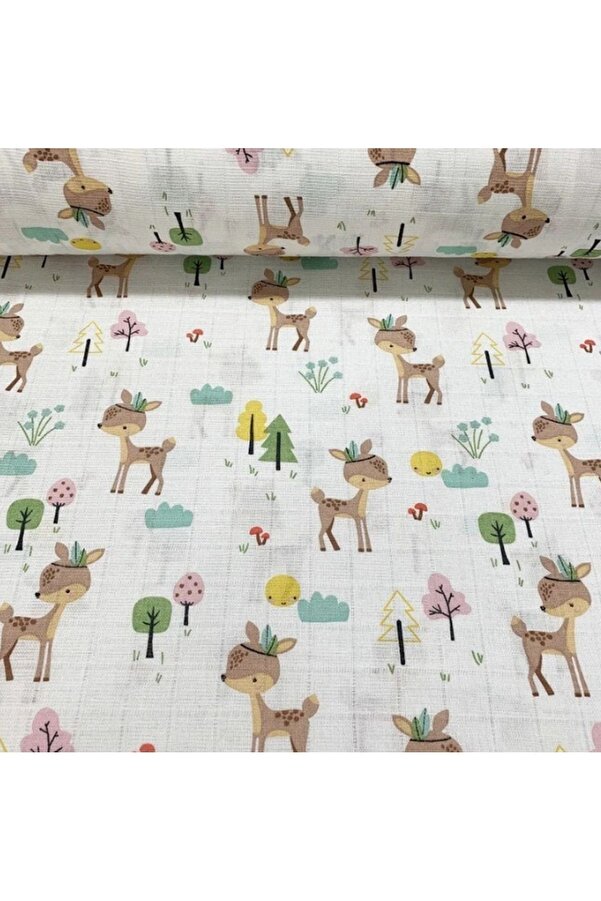 Bebek Özel Yarım Metre %100 Pamuklu Müslin Kumaş Karaca Desenli 50x160 cm