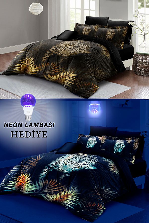 MonoHome-Double Leopard Print Neon Highlighter Duvet Cover Set - 100% Cotton Satin with Elastic Sheet 1