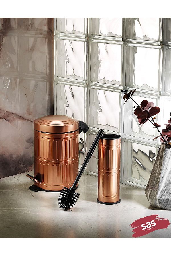 Sas Haus-Vintage Copper 5 Lt Trash Can, Wc Brush and Pedal Set 1