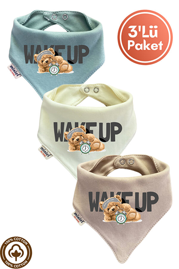 Miniel Unisex Bebek Yenidoğan Penye Organik Pamuklu Wake Up Teddy Bear Baskılı Bebek Önlüğü 3'lü Set