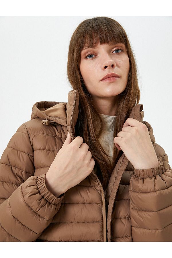 Koton-Short Puffer Jacket with Hooded Zipper and Elastic Sleeves 1