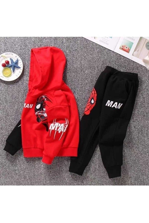Örümcek Adam-Boy's Pattern Red Color Top and Bottom 2-Piece Hooded Tracksuit Set 1