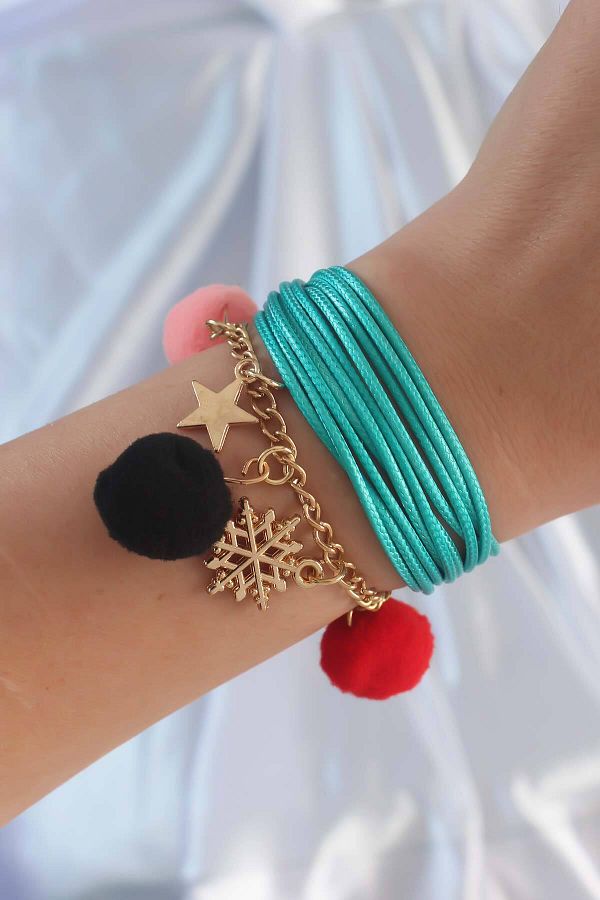 Skygo-Turquoise Color Snowflake Figure Chain Detail String Multiple Bracelet - Tj-Bb6346 1