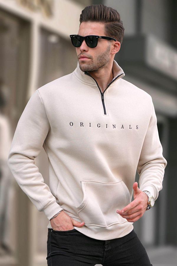 Madmext-Beiges Sweatshirt mit besticktem Reißverschlusskragen 6028 1