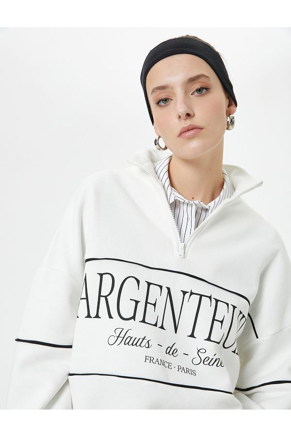 Koton-Hanorac oversize, cu jumătate de fermoar, guler, slogan brodat 1