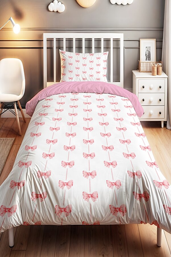 Evpanya Pembe Şeritli Fiyonk Desenli Tek Kişilik Bebek Çocuk Nevresim Seti