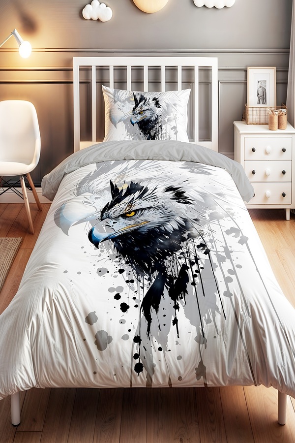 Evpanya Siyah Beyaz Kartal Desenli Tek Kişilik Bebek Çocuk Nevresim Seti