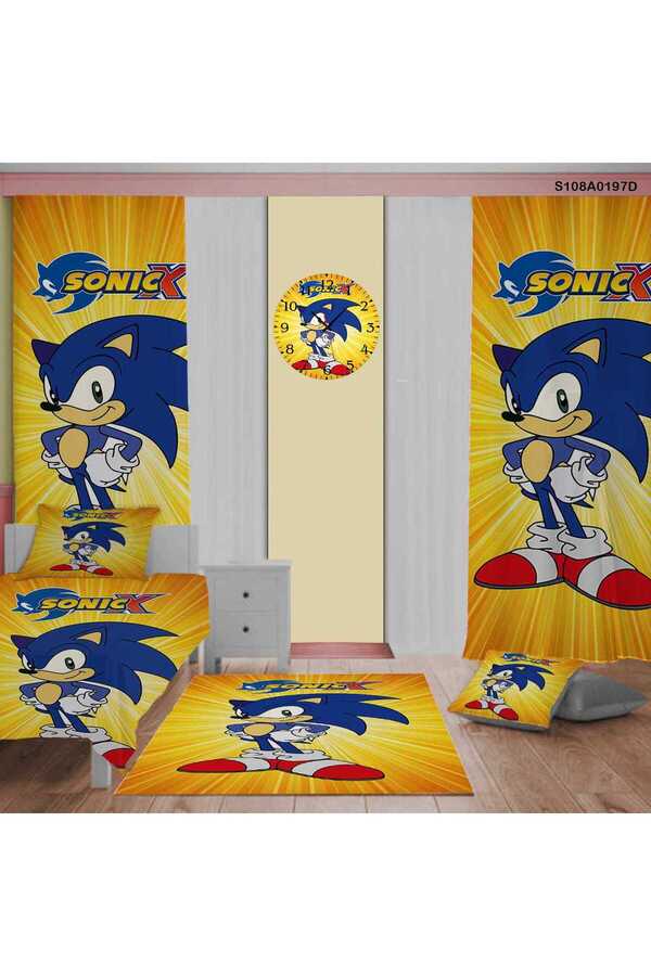 A2ZTR Sonic Desen Çocuk Ve Bebek Odası (PERDE,YATAK ÖRTÜSÜ,Halı,DUVAR SAATİ,YASTIK VE KIRLEN KILIFI)