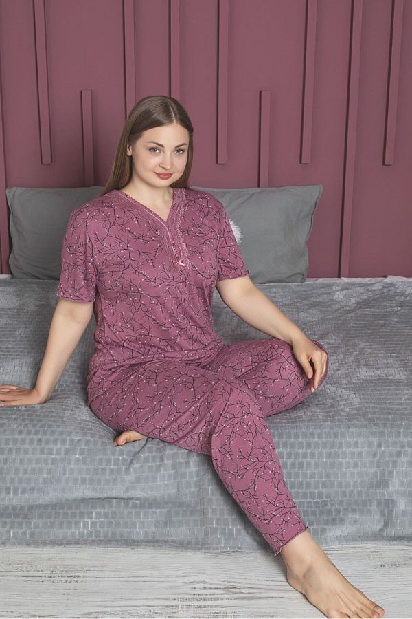Temporium-Women's Powder Large Size Patterned Buttoned Collar Short Sleeve Bamboo Pajama Set 1
