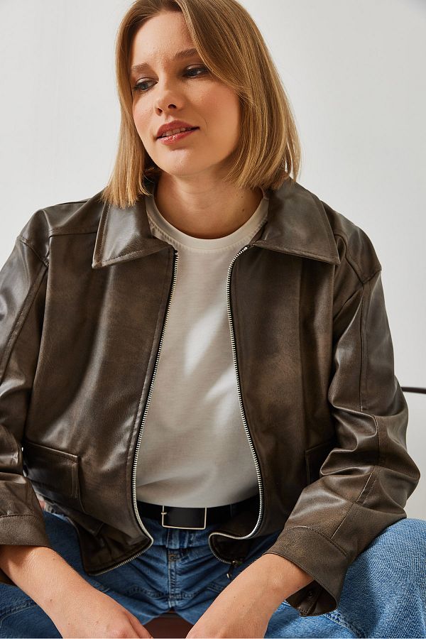 Shirt collar leather jacket 2025